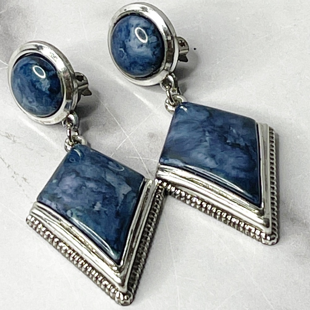 Blue Silver Tone Clip On Drop Earrings